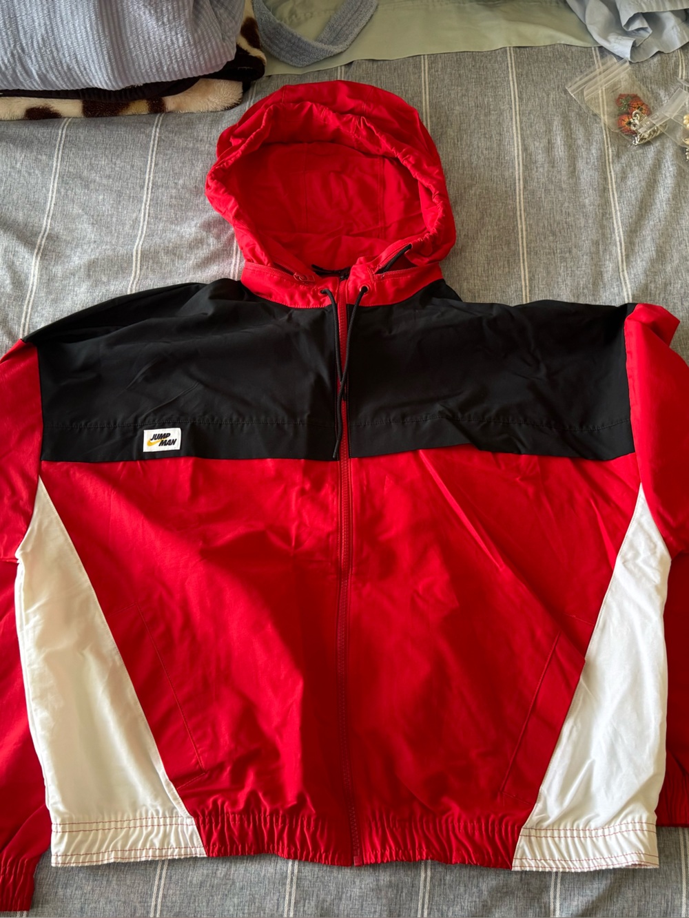 Jordan Red Black Hooded Colorblock Jacket with White Accents